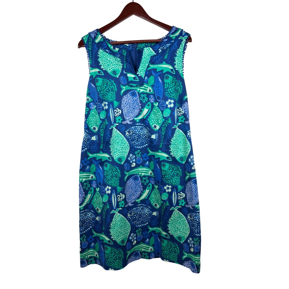 Talbots Shift Dress 12 Blue Green Fish Print Trim Sleeveless Cotton Coastal